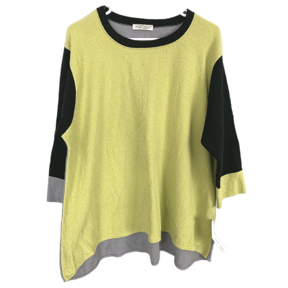Margaret Winters Sweater Women 1X Lime Blk Gry Cotton Crew Neck Pullover NWT